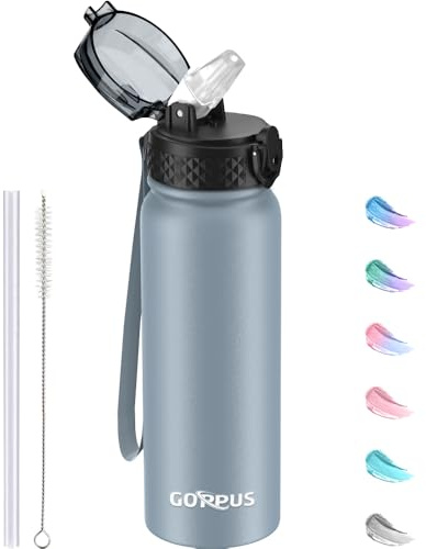 GOPPUS 600ml/20oz Stainless Water Bottle with Straw Double Wall Insulated Bottles with Strap One Hand Open Vacuum Thermal Flask Leakproof Keep Cold Drinks Bottles BPA Free for Adults (Gray)