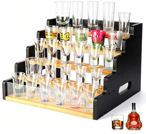 5-Tier Shot Glass Holder, Wooden Shot Glasses Display Stand, Shot Glasses Storage Organizer for Whiskey, Tequila, Vodka, Storage Holder for Birthday Christmas Halloween Bar Easter