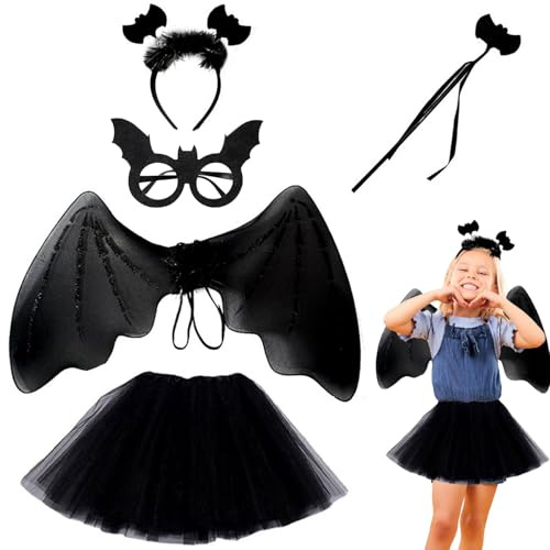 Costume de Chauve-Souris Enfants, Costume de Chauve-Souris Fille, Avec Jupe Tulle Noir, Pince à Cheveux, Bâton Magique, Ailes de Chauve-Souris, Masque Souris, pour Halloween Carnaval Cosplay Party