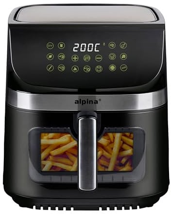 alpina Friggitrice Aria 9L - Friggitrice ad Aria XXL - Air Fryer con Display Digitale - Airfryer con Timer e Temperatura da 60 a 200℃ - con 8 Programmi di Cottura e Finestra di Visualizzazione - Nero