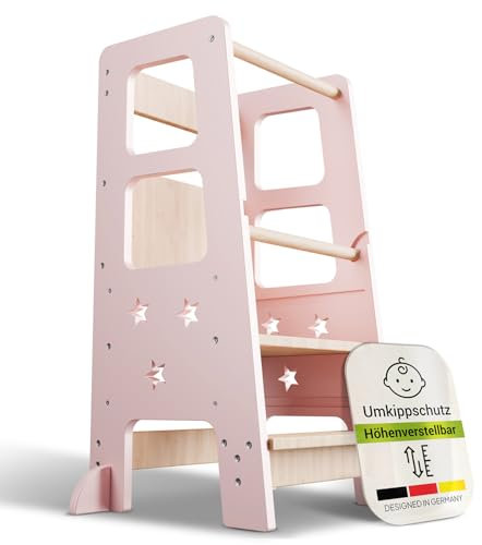 Juskys Lernturm Henny - für Kinder ab 1 Jahr, Stehhilfe, 3-Fach höhenverstellbar, Umkippschutz, Küchenhelfer - Rosa