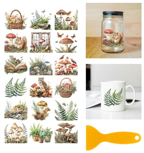GLOBLELAND 18 Sheets Mushrooms Ferns Rub on Transfer 3.9x3.6inch Colorful Squirrels Owls Butterflies Home Decals Plants Cup Transfer Decals for Furniture Vase Glass Art Crafts Decorations