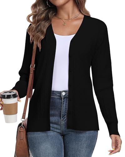 YUNDAI Womens Knit Cardigan V Neck Long Sleeve Button Down Sweater | Button Down Sweater, lightweight V neck knit cardigan with button closure, soft ribbed fabric for layering & casual wear
