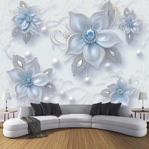Fototapeten Perlen Diamanten Blumen 3D Design Tapete, Luxus Fototapeten Seidenstoff Tapeten Moderne Wandtapete, Tv Tapeten Wohnzimmer Wandtapete Poster Bilder, 450X315Cm (B×H)