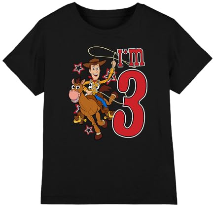 Toy Story Boys Birthday Woody I'm 3 Unisex Kids T-Shirt, Black, 5-6 Years UK