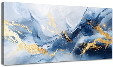 WENGTIAO Abstrakt Groß Leinwand Bilder Kunstdrucke mit Rahmen - Marineblau Weiß Gold Grau Minimalistisch Malerei Bild auf Leinwand Wohnzimmer Schlafzimmer Wanddeko Fertig zum Aufhängen 50x120 cm