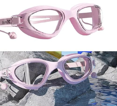 Wenyue Hippodance Occhiali da Nuoto,anti nebbia 100%,Protezione UV,anti UV occhiali da immersione,Con tappi per le orecchie impermeabili,per Donne, Uomini, Adulti, Adolescenti e Bambino(rosa)