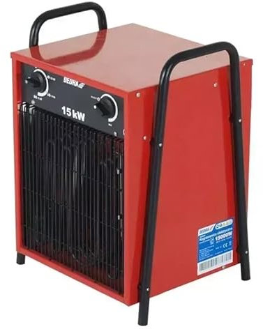 DEDRA Elektro-Lufterhitzer 15 kW, uadratisch, rot, nützlich in geschlossenen Räumen, Thermostat, einstellbare Temperaturregelung, drei Betriebsarten, Metallgehäuse, Heizfläche: ~ 150m²