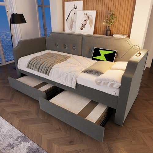 IHO SOFA Einzelbett Polsterbett Sofabett 90x200cm mit 2 Schubladen & USB-Typc-C Ladestation | Kinderbett Tagesbett in Grau Samt | Inkl. Holzlattenrost für Jugendzimmer (Ohne Matratze)
