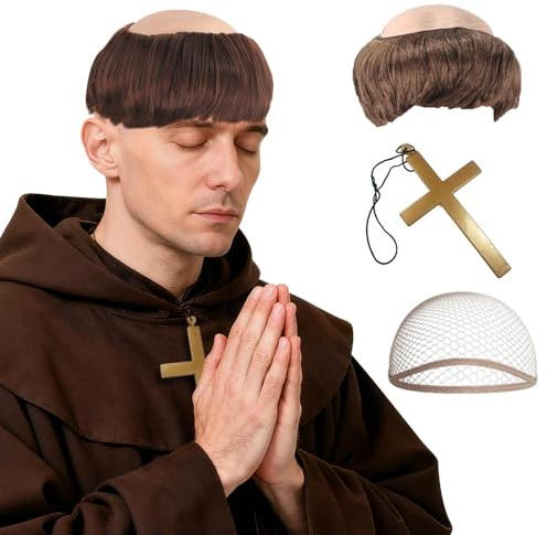Feithmonic Mönch Perücke Herren 80er Jahre, braun, Tonsur mit Halbglatze | 3-teiliges Set-Perücke Mönch Erwachsener, Kostüm Mittelalter Priester für Cosplay Karneval Fasching Halloween