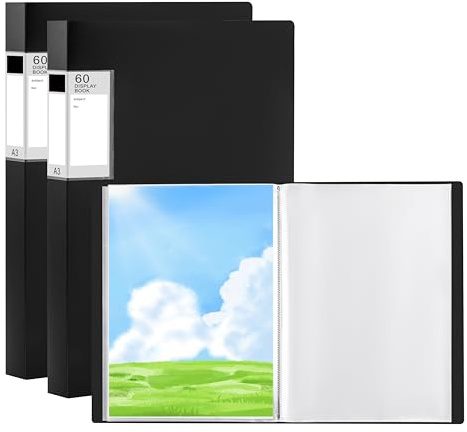 POERMA 2 Stück Präsentationsdisplay Buch A3 Mit 60 Klarsichthüllen, Schwarz | Sichtbuch PP A3, Präsentationsmappe Präsentationsordner für Malerei, Kunstwerke, Portfolio, Büro