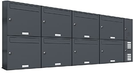 AL Briefkastensysteme 8er Briefkastenanlage mit Klingel Anthrazit Grau RAL 7016, Premium Briefkasten DIN A4, 8 Fach Postkasten modern Aufputz