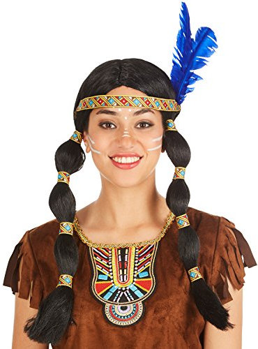 dressforfun Perücke mit Zwei geflochtenen Zöpfen | schwarz + Haarband mit Federn | Indianerin Indianer Apache Squaw Fasching