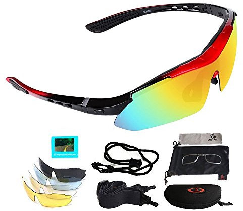 Polarized Sports Sunglasses, UV400 Protection Cycling Glasses with 5 Interchangeable Lenses for Men Women in Cycling, Fishing, Running, Driving, Golf, Baseball, Outdoor Activities (RED*BLACK)