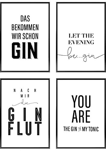 Heimlich® Premium Poster Set OHNE Bilderrahmen | 4 x DIN A3 - ca. 30x42 | Stilvolle Poster Collagen mit passenden Motiven als Wandbilder Wohnzimmer » Gin Lover «