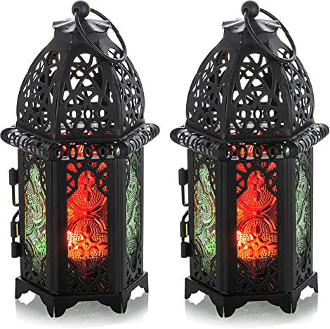 Nuptio 2 Pezzi Portacandele in Metallo Tealight Centrotavola Di Piccole Dimensioni Centrotavola in Vetro Colorato Lanterne Creative Decorazione Casa Tavolo Da Sposa Decorazione Gabbia, Nero