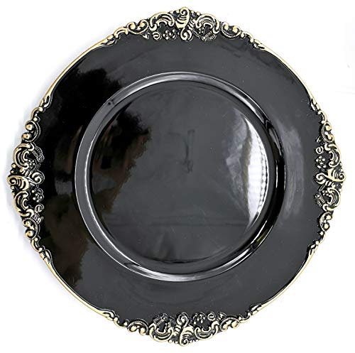 allgala 13-Inch 6-Pack Heavy Quality Round Charger Plates-Floral Black Gold Trim-HD80343