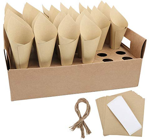 50 Stk Hochzeit Konfettizapfen Retro Kraft Papier Kegeltüten mit Kegel Box für Konfetti Blütenblätter Candy Schokoladen Hochzeit Gastgeschenk Verpackung, mit Doppelseitiges Klebeband, Juteschnur