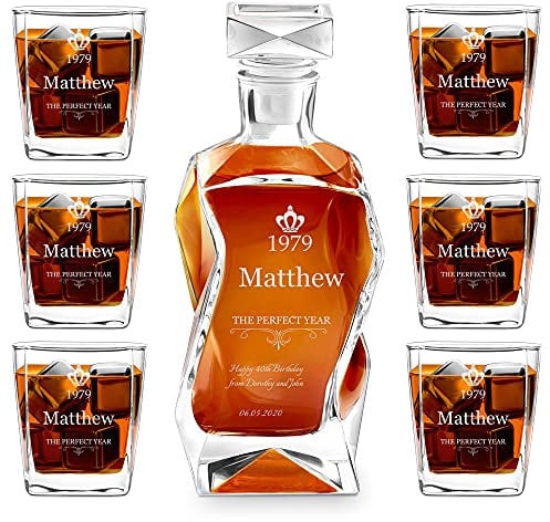 Maverton Classic Curve Whiskey Decanter Set of 6 Glasses - You can Personalise Tumblers as Gift - 700 ml Universal Carafe - Good Vintage