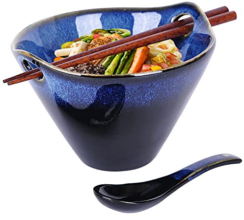 WHJY 20oz Ceramic Japanese Ramen Bowl set,with Chopsticks & Spoon, Porcelain Bowl for Soup, Noodle, Udon and Soba, Noodle Bowl