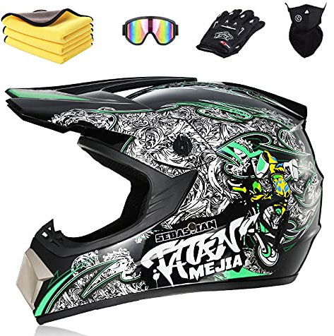 Ruiqieor Motorradhelm Motocross Helm Kinder Cross Helms Motorbike ATV MTB Freien Sport Motorcycle Helmet Set mit Handschuhen Brille,Gray Green,S:52-56cm