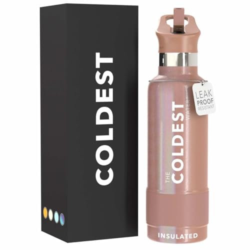 The Coldest Water Bottle with Standard Mouth Straw Lid Metal Thermos Vacuum Insulated Stainless Steel l Reusable Leak Proof Cupholder Flask (21 oz, Rose Gold) (001)