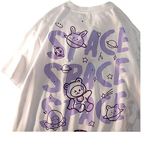 Sawmew Gothic Cartoon Tshirt Damen Harajuku Shirt Oversize Y2k Fashion Oberteile Frauen Punk Skateboard Street Tees Mode Casual Tops Streetwear Girls Anime Kleidung Sommer (Color : White, Size : L)