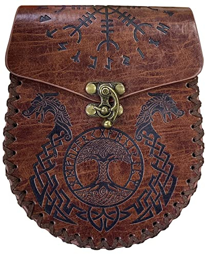 Mittelalterliche Gürteltasche, Braune Nordische Geprägte Gürteltasche, Drache Fenrir Wolf Ledergürteltasche, Wikinger Renaissance Gürteltasche, Cosplay Kostüm Zubehör für Männer Frauen (Drachen)
