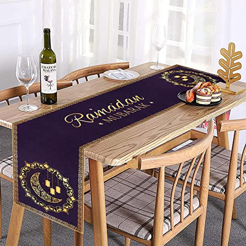 Eid Ramadan Mubarak Tischläufer, Eid Mubarak Tischläufer Baumwolle 35 x 188cm, Stern, Mond, Moschee, dekorative Polyester-Tischdecke, Eid Mubarak Ramadan Dekoration Zuhause Esszimmer Dekoration