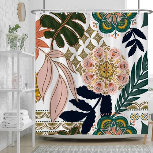 Ttincceer Fleur Boho Rideau de Douche Ensemble 180x180cm Milieu du siècle coloré Floral Rideau de Salle de Bain Plante Tropicale Feuilles Rideaux de Douche Rideau de Baignoire étanche