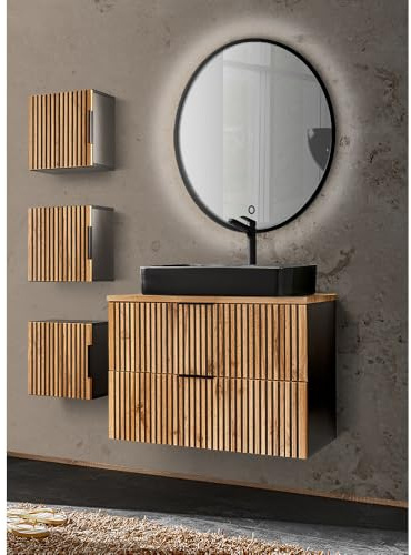 Lomadox Badmöbel Set 5 teilig Rillen MDF Fronten Waschtisch Unterschrank 80 cm Keramik Waschbecken 3 Hängeschränke Spiegel Beleuchtung anthrazit Eiche Nb. schwarz