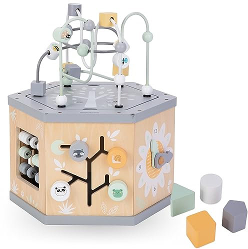 mamabrum 7-in-1 Lernwürfel - Baby Spielzeug mit Motorikschleife, Abakus, Uhr, Zahnräder, Formsortierer & Labyrinth - Spielzeug ab 1 Jahr für Motorik & Entwicklung