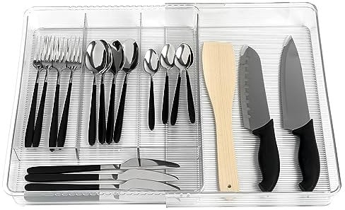 Amtido Cutlery Drawer Organiser - Expandable Tray - Clear Durable PET Plastic - Kitchen Utensil Storage Holder