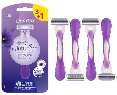 Wilkinson Sword - MyIntuition Quattro Smooth Violet Bloom - Rasoio Usa & Getta - 2 Strisce Lubrificanti con Aloe Vera e Vitamina E - Confezione 3+1