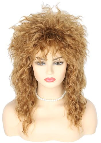 Topcosplay Rockstar Perücke mit Ohrringe Halskette Rock Queen Perücke für Damen Rock Diva Wig Perücke 70er 80er Jahre Party Popstar Perücke (B-Braun)