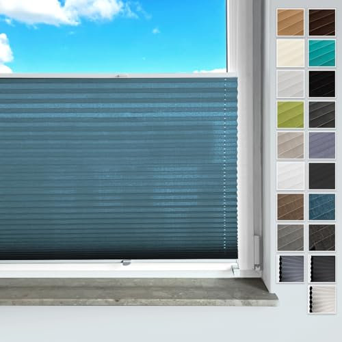 Rollmayer Plissee ohne Bohren, mit Klemmträger Plisseerollo Faltrollo Sichtschutz und Sonnenschutz für Fenster und Tür Premiumqualität Falte für Zuhause, 3 Kollektionen(Vigo Blau,B115cm x H120cm)