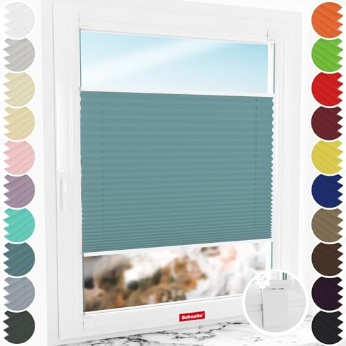 Schuette® Plissee ohne Bohren zum Kleben ● Thermo Kollektion: Teal Aura (Blau) ● 75x130cm (Breite x Höhe) ● Suprafix Klebe- & Schraubhalter 2in1 Set Letsbond ● Bequeme Rollo