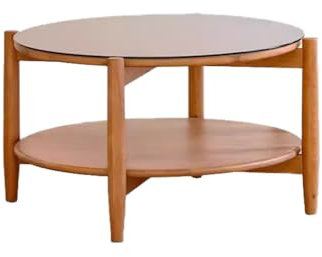 EINES Kaffetisch Massivholz-Rattan-Couchtisch, Wohnzimmer-Kombination, runder Tisch, brauner Glas-Retro-Doppelschicht-Kleiner runder Tisch Endtische