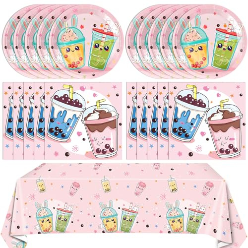 Boba Tea Party Decorations Bubble Tea Birthday Disposable Tableware Party Favors Plate Napkins Tablecloth Set for for Teenager Girls Birthday Decorations