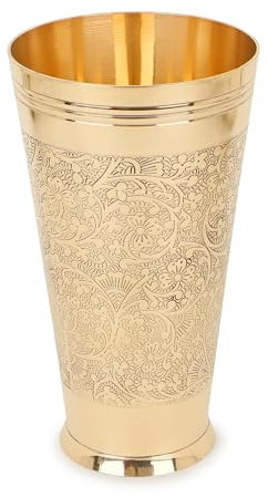 Zap Impex Vaso de latón con diseño en relieve, 600 ml, para lassi, leche, agua y mucho más, 16 cm de alto