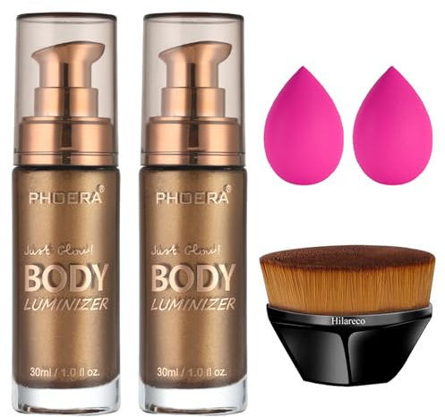 PHOERA Body Luminizer Schimmer öl Körper Highlighter mit Make-up-Pinsel Highlighter Körper Flüssig Glitzer Körper Glow Schimmer Makeup für Gesicht Körper Bein (2PCS 103 Glitzernde Bronze)