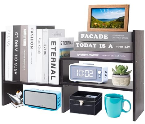 powerking Adjustable Wood Desktop Bookshelf, Desk Storage Organizer Display Shelf Rack, Expandable Office Supplies Bookcase for Birthday Gifts,Black