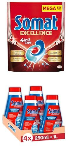 Somat Excellence 4 en 1 Caps, 50 Unidades + Somat Limpia Máquinas Aditivo Lavavajillas (pack de 4, total: 1000 ml) para el interior de la máquina, eficaz limpiador