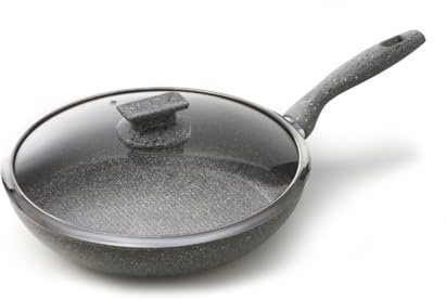 Avilia Antihaft-Pfanne mit Deckel, Steinoptik, Kochen ohne Öl, ergonomischer Soft-Touch-Griff, ideal für Fleisch, Fisch und Gemüse, 24 cm, hergestellt in Italien