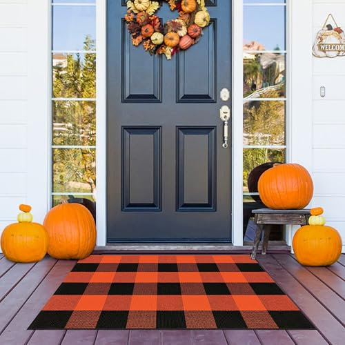 Buffalo Plaid Outdoor Teppich Orange und Schwarz 2x3 Baumwolle Gewebt Teppich Kariert Waschbar Halloween Veranda Teppich Geschichtete Herbst Outdoor Matten für Haustür Herbst Bauernhaus Eingang