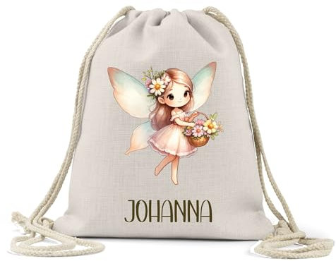 wolga-kreativ personalisierter Turnbeutel Bio BW Kindergarten Mädchen Fee Blumen Stoffbeutel Kindertasche Sportbeutel Schuhbeutel Wäschebeutel Stoffsäckchen Jutebeutel Kinder mit Namen