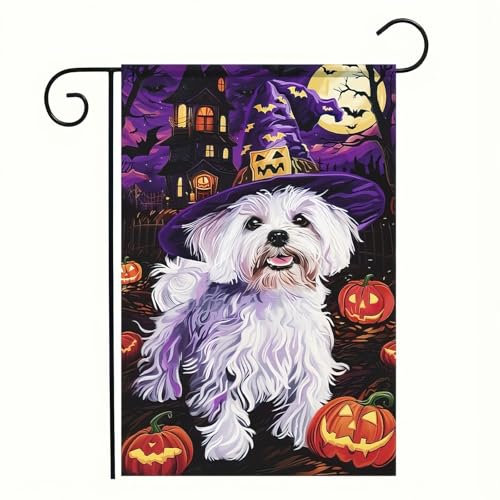 Happy Halloween Gartenflagge, Halloween-Hexenhut, Malteser-Flagge, Urlaub, Hund, Willkommensbanner, 30,5 x 45,7 cm, doppelseitig, für Terrasse, Veranda, Bauernhaus-Dekoration