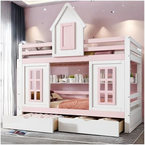 Sapgaks Lit superposé Enfant avec Deux tiroirs,avec Toit et fenêtre, Lit Enfant 90x200cm avec barrière Anti-Chute,lit cabane Enfants avec Étagère Ouverte,Blanc+Rose