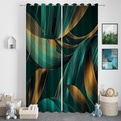 Vorhänge Gardinen mit Ösen, Vorhang Blickdicht Moderne Linien Palmblätter Gold Grün Verdunklungsvorhänge Thermovorhang für Wohnzimmer Schlafzimmer Privatsphäre Schützende H 200 x B 70 cm (2er Pack)