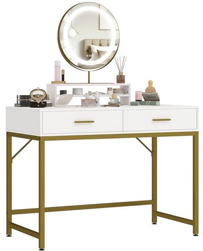 HOMCOM Schminktisch mit LED Beleuchtung, Frisiertisch mit verstellbar Spiegel, Kosmetiktisch mit 2 Schubladen, offene Ablage, Make-up Tisch für Schlafzimmer, 100 x 50 x 137,5 cm, Weiß